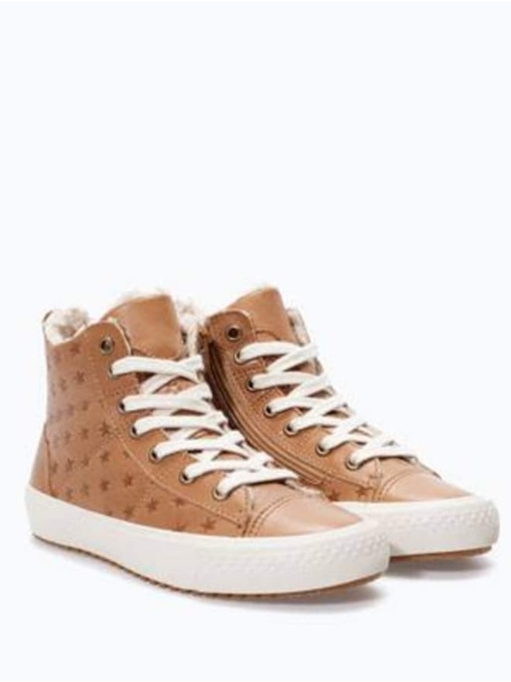 White and brown high top sneakers with stars